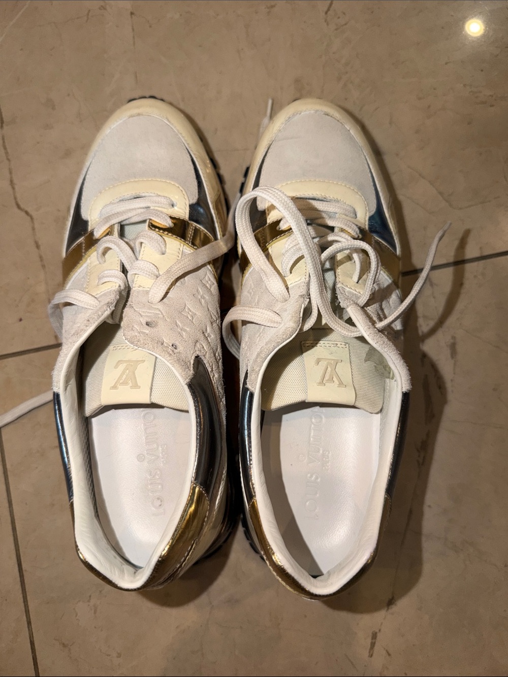 Louis Vuitton White Sneakers with Gold and Silver Accents size 39